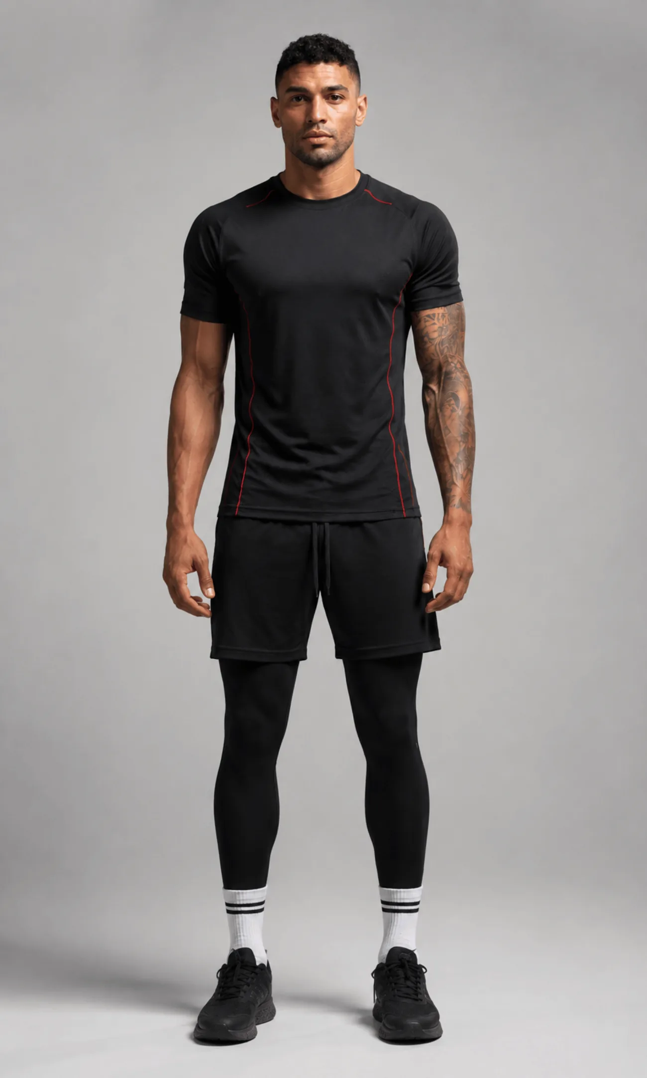 Model wearing the Vega Noir Velocity Red-Seam Tee
